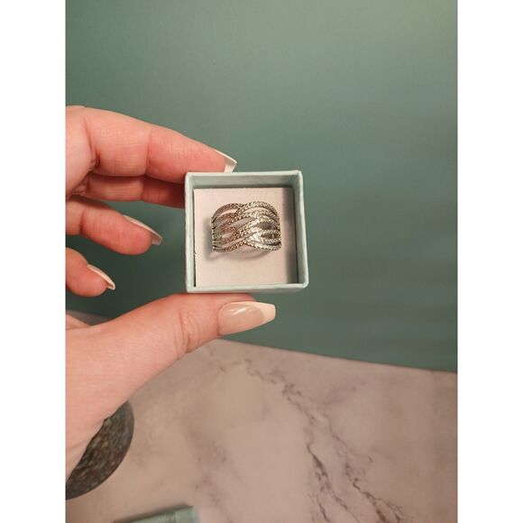 Rhodium-Plated Cubic Zirconia Criss-Cross Wide Band Cocktail Ring - Picture 8 of 11